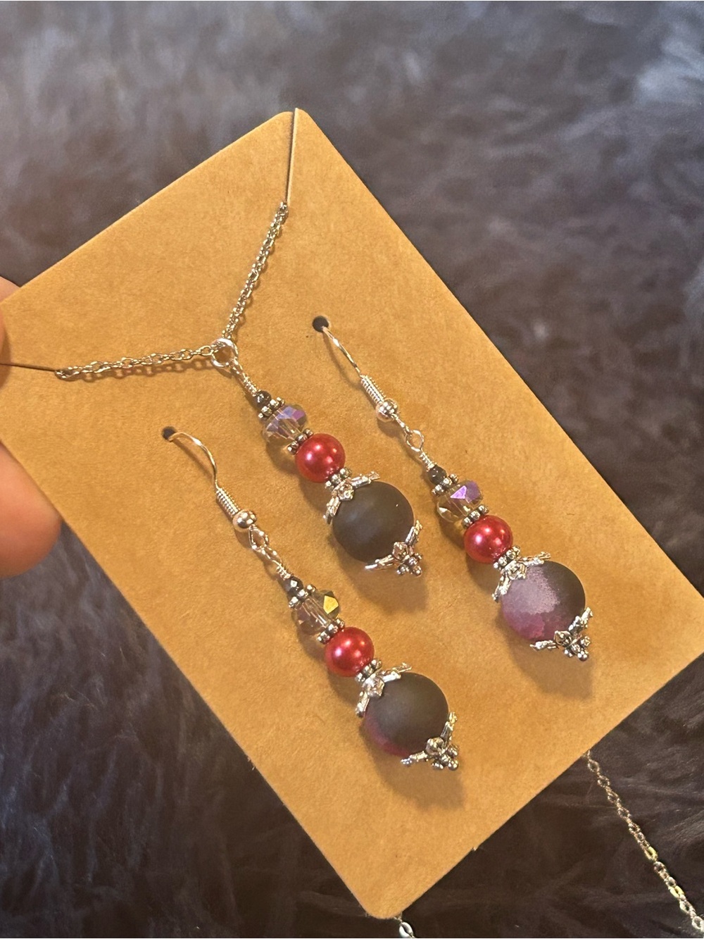 Handcrafted ombré crackle glass pearl crystal necklace and earring set